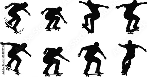 Skateboarder silhouettes performing jump tricks and skateboarding stunts, extreme sport athlete action poses isolated vector set for urban street sports design