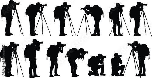 Photographer silhouette vector set with camera and tripod, professional photography poses collection, black isolated figures on white background