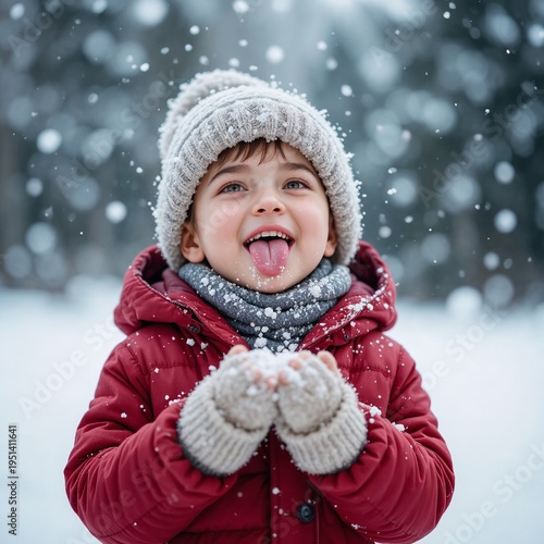 Happy child standing outdoors in falling snow trying to catch snowflakes with tongue