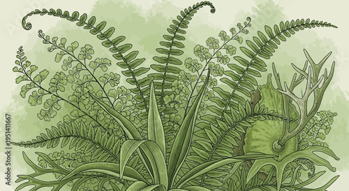 Green Lush Ferns and Tropical Plants Botanical Illustration