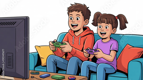 Brother and sister playing video games together on the couch enjoying entertainment and leisure time at home illustration for family fun