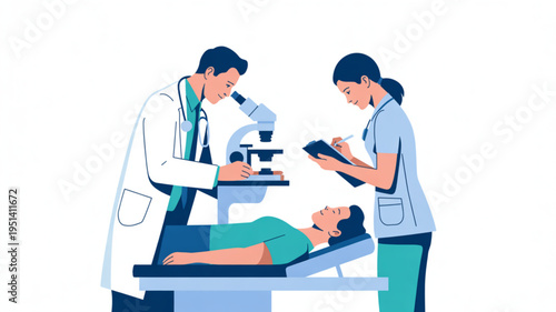Doctor and nurse examining patient with microscope medical research and healthcare concept flat vector illustration for science and clinic