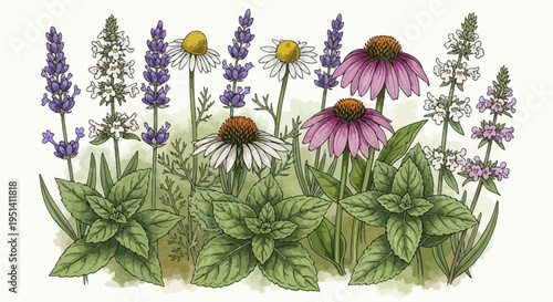Herbal Garden: Lavender, Echinacea, Chamomile, Mint, and Anise Hyssop Illustration