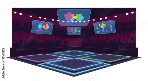 Vibrant Dance Floor with Neon Lights and Screens.