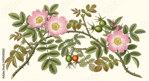 Pink Wild Rose Flowers and Berries Botanical Illustration