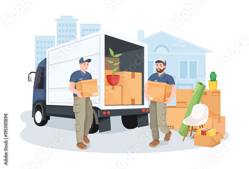 Two workers carrying boxes beside a truck in flat style on a light urban background, showing concept of moving service. Vector illustration