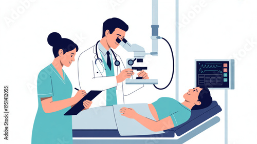 Doctor and nurse examining patient with microscope in laboratory medical research and healthcare concept flat vector illustration