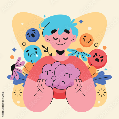 Mental health illustration composition with multiple characters and symbols flat cartoon style