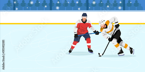Two hockey players battling for puck in flat style on bright ice rink background, symbolizing sport competition. Vector illustration