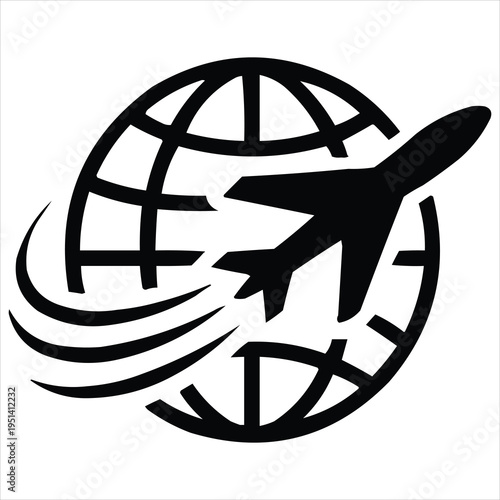Global air logistics logo with airplane flying around the world, symbolizing international shipping.