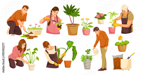 People tending plants in cartoon style on white background showing gardening care concept. Vector illustration