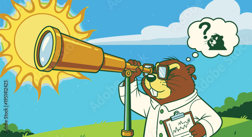 Cartoon Bear Scientist Observing Sun Eclipse.