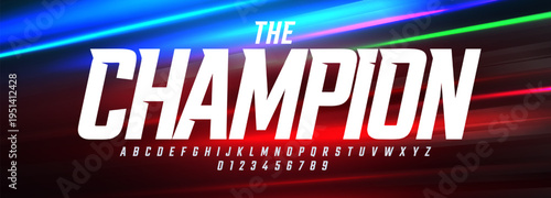 Bold Sporty Font with Sharp Edges and Strong Condensed Style, Perfect for Sports League Headlines, Race Poster and Champion Theme Title, Team Jersey T-short letters and numbers set. Vector typeset