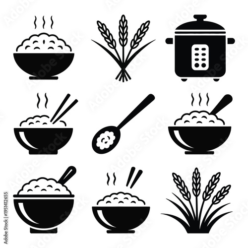 Rice icon set including bowls, cooker and wheat silhouettes