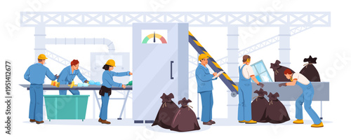 Workers handling waste on a recycling line in flat style on white background showing eco concept. Vector illustration