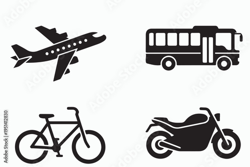 Transport_Icons_Silhouette_Plane_Bus_Bicycle_Motorcycle_Set