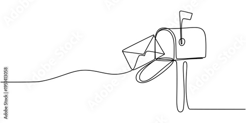Mailbox with envelopes in continuous one line drawing. Minimal hand-drawn vector illustration. one line Art icon drawing vector
