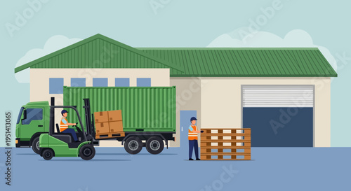 Illustration of a forklift loading a cargo container in front of a warehouse with industrial workers.