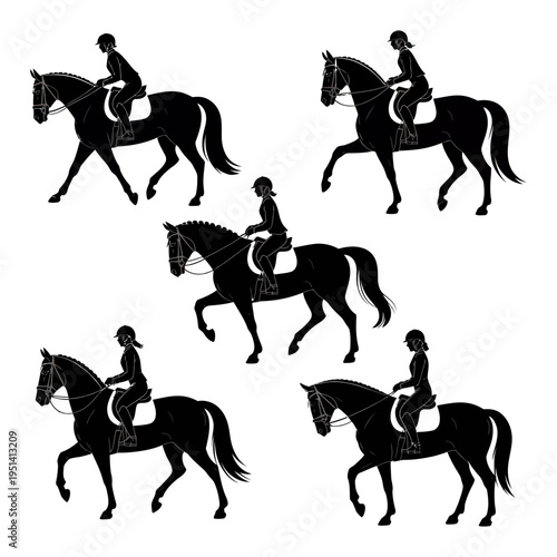 Horse rider silhouette vector illustration set in various equestrian poses