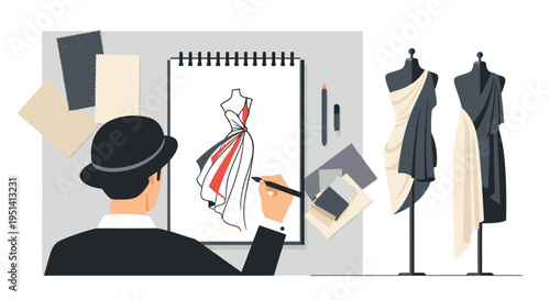 Fashion Designer Sketching Dress on Paper.