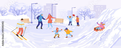 People enjoying winter activities in a snowy park in a simple graphic style on a light background, concept of outdoor fun. Vector illustration