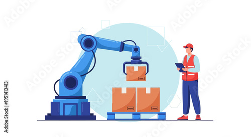 Illustration of a warehouse worker using a tablet next to a robotic arm moving boxes on a pallet in an industrial setting.