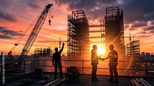 Construction Workers Shaking Hands on High-Rise Building Site at Dramatic Sunset with Cranes and City Skyline