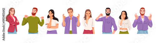Group of people displaying various hand gestures in cartoon style on white background, communication concept. Vector illustration