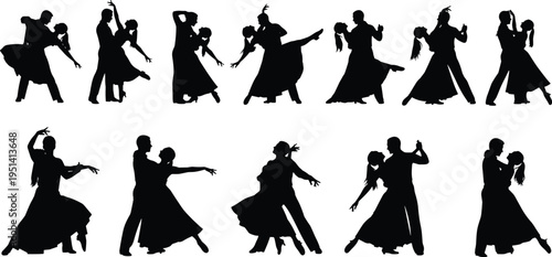 Ballroom dance couple silhouette set, elegant partner dancing poses, romantic waltz performance, graceful dance movement concept illustration