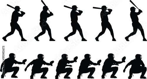 Baseball batter and catcher silhouette set showing hitting and catching poses, sport athlete action vector illustration