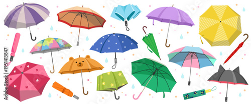 Various colorful umbrellas in flat style on white backdrop, rainy season concept of rain protection. Vector illustration