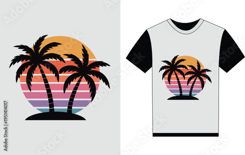 Tropical palm trees on colorful sunset background on tshirt design  beach wear