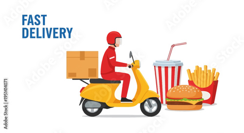 Food delivery rider on a yellow scooter with fast food and a cardboard box
