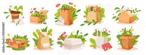 Eco packing items with plants in cartoon style on white background, concept of sustainability and nature care. Vector illustration