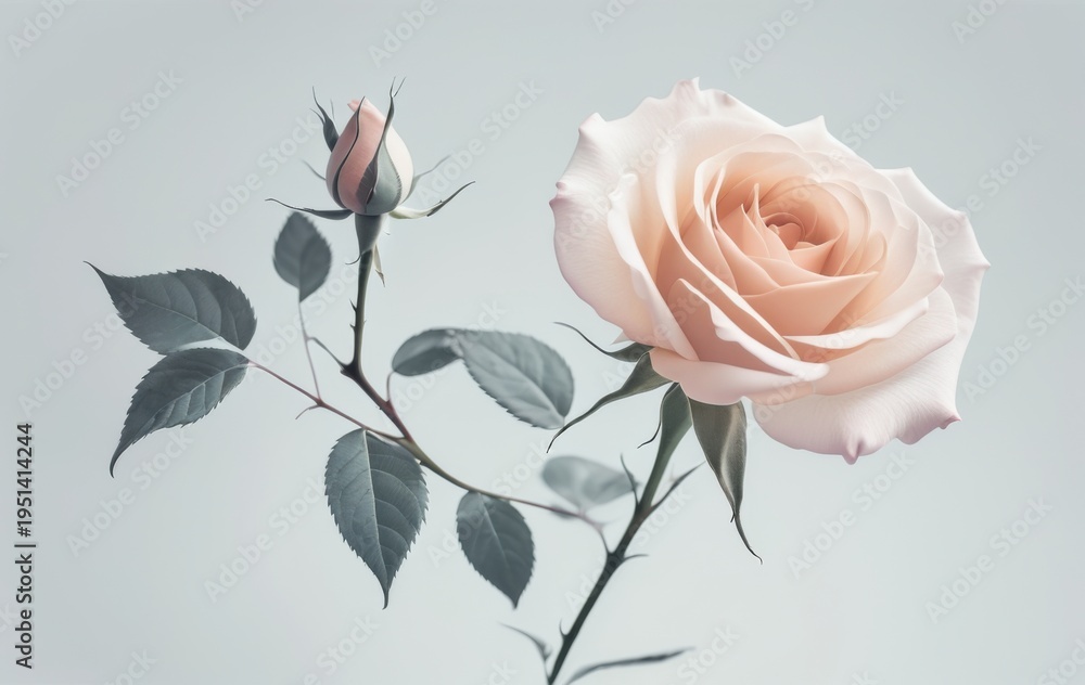 Obraz premium pink rose blooming on grey background elegant studio shot concept of floristry, beauty, romance, banner