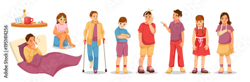 Sick children shown with injuries and disease in cartoon style on white background, concept of illness care. Vector illustration
