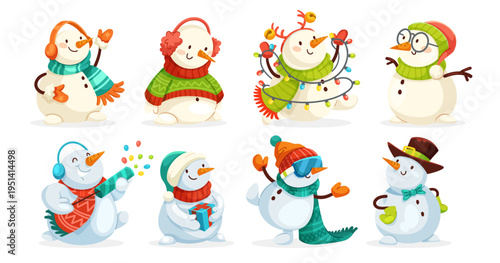 Cute snowman characters set in cartoon style on white background showing winter holiday fun and cheerful mood. Vector illustration