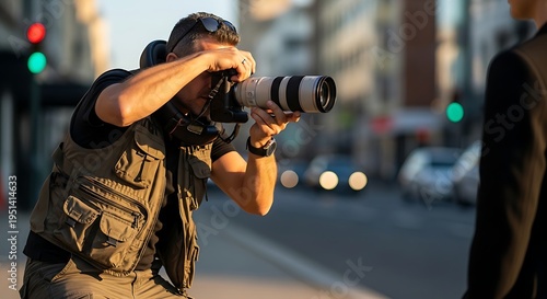Man taking photo on city street with telephoto lens