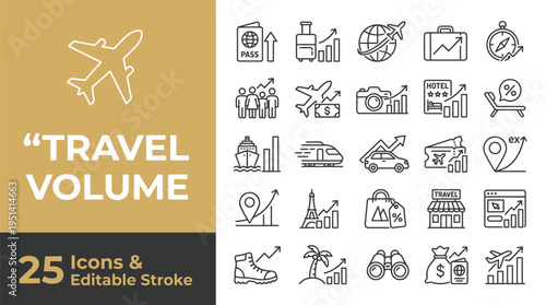 Travel volume vector graphic illustration with twenty five editable icons