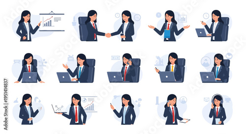 Collection of vector illustrations depicting a businesswoman in various professional poses and activities, including presentations, meetings, and office work.