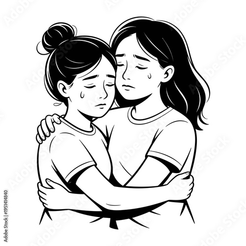 A sad woman comforting a crying girl in a warm hug