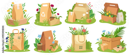 Eco packing set of paper bags filled with plants in flat style on white background, symbolizing sustainability and green living. Vector illustration