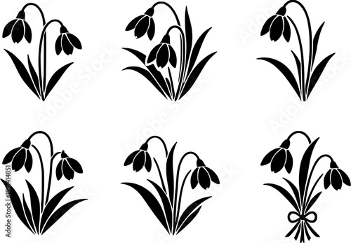 6 Premium Black Snowdrop Flowers Icons. Botanical Graphic Elements. Design Element. Clip art. Suitable for artwork design. Editable for any design.