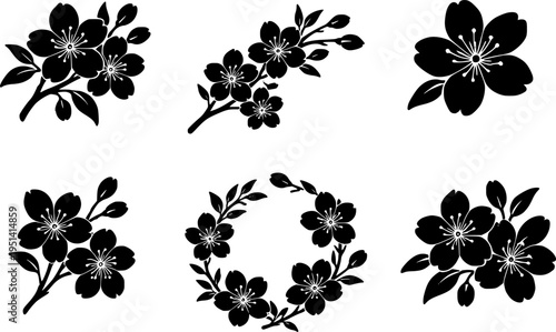 6 Premium Black Cherry Blossom Flowers Icons. Botanical Graphic Elements. Design Element. Clip art. Suitable for artwork design. Editable for any design.