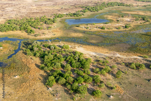 An aerial shot of a rather dry wetland in Okavango delta during an evening near Maun, Botswana