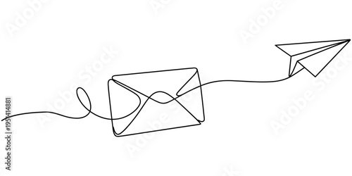 Continuous one line drawing of envelope mail with paper airplane, Envelope mail with flying paper plane sending letter and email message concept vector illustration, flying Paper plane and mail romant