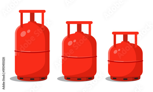 LPG gas cylinder set red propane tank containers for cooking fuel household energy storage vector illustration.
