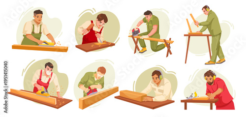 People working with wood by hand in flat style on light background showing concept of manual craft and skill. Vector illustration