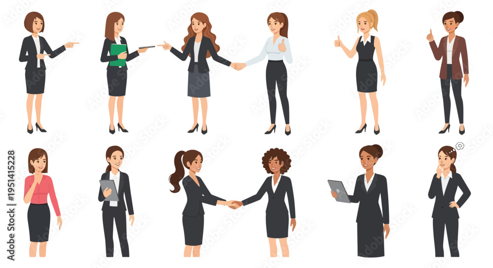 Obraz premium Collection of diverse business women in professional attire performing various actions and expressing different emotions.