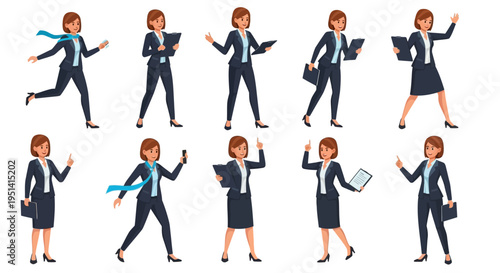 Set of ten cartoon businesswomen in various poses and actions, illustrating different professional scenarios and gestures.